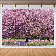 Lofaris Toile de fond paysage de printemps avec fleurs de cerisier roses et violettes, magnifique arrière-plan floral pour studio photo