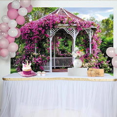Lofaris Toile de fond de photographie tonnelle fleurie blanche avec bougainvilliers roses, magnifique décor de jardin pour mariage ou portrait