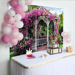 Lofaris Toile de fond de photographie tonnelle fleurie blanche avec bougainvilliers roses, magnifique décor de jardin pour mariage ou portrait