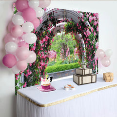 Lofaris Toile de fond de photographie de jardin fleuri avec arche de roses roses, élégant arrière-plan naturel pour studio ou événement