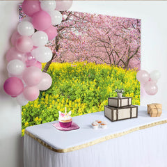 Lofaris Toile de fond paysage de printemps avec cerisiers roses et fleurs jaunes, magnifique arrière-plan naturel pour studio photo