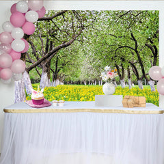 Lofaris Toile de fond de photographie paysage de printemps, avec arbres en fleurs et fleurs jaunes, un arrière-plan naturel pour studio