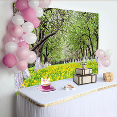 Lofaris Toile de fond de photographie paysage de printemps, avec arbres en fleurs et fleurs jaunes, un arrière-plan naturel pour studio