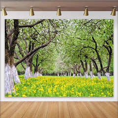 Lofaris Toile de fond de photographie paysage de printemps, avec arbres en fleurs et fleurs jaunes, un arrière-plan naturel pour studio