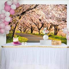 Lofaris Magnifique toile de fond de photographie cerisiers en fleurs avec chemin sinueux, décor printanier naturel pour studio photo
