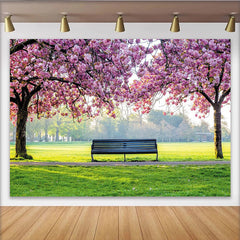 Lofaris Toile de fond de photographie de cerisiers en fleurs roses avec banc de parc, magnifique arrière-plan de printemps pour studio photo