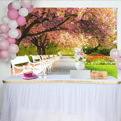 Lofaris Toile de fond paysage de printemps avec cerisiers en fleurs roses et bancs blancs, décor naturel pour séance photo en extérieur