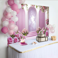 Lofaris Toile de fond pour mariage rose élégante avec arches et roses, magnifique décor romantique pour cérémonie et événement