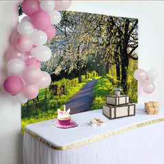 Lofaris Toile de fond paysage de printemps avec arbres en fleurs et chemin verdoyant, magnifique arrière-plan pour studio photo et photographie