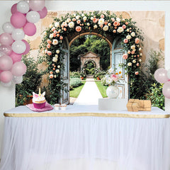 Lofaris Toile de fond pour mariage avec arche florale et vieilles portes bleues, magnifique décor de jardin romantique pour séance photo