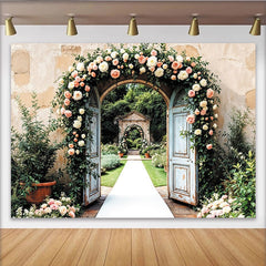 Lofaris Toile de fond pour mariage avec arche florale et vieilles portes bleues, magnifique décor de jardin romantique pour séance photo