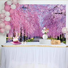 Lofaris Toile de fond de photographie allée de cerisiers en fleurs roses et violettes, magnifique décor printanier pour studio photo