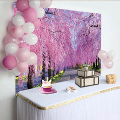 Lofaris Toile de fond de photographie allée de cerisiers en fleurs roses et violettes, magnifique décor printanier pour studio photo
