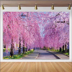 Lofaris Toile de fond de photographie allée de cerisiers en fleurs roses et violettes, magnifique décor printanier pour studio photo