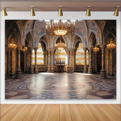Lofaris Toile de fond de photographie d'intérieur de palais avec arches et lustres dorés, magnifique décor de style classique pour studio photo