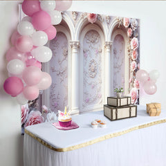 Lofaris Toile de fond de photographie classique florale avec arches et roses roses pâles, élégant décor romantique pour studio photo
