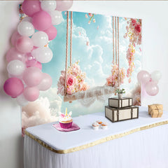 Lofaris Toile de fond de photographie avec balançoire fleurie et ciel nuageux, magnifique décor romantique pour séance photo de printemps