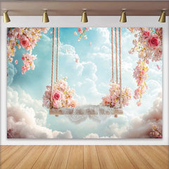 Lofaris Toile de fond de photographie avec balançoire fleurie et ciel nuageux, magnifique décor romantique pour séance photo de printemps