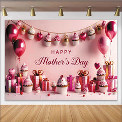 Lofaris Toile de fond rose Fête des Mères avec cupcakes et ballons, élégant décor de célébration pour studio photo