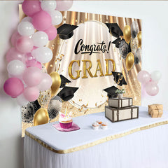 Lofaris Toile de fond or et noir pour remise des diplômes avec chapeaux et ballons, élégant décor de fête pour célébration de diplôme