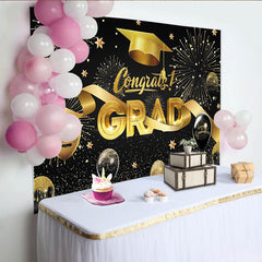 Lofaris Toile de fond noire et or pour remise des diplômes avec chapeau, arrière-plan scintillant pour célébration de fin d'études