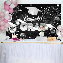 Lofaris Toile de fond pour remise des diplômes noir et argent avec feux d'artifice et ballons, élégant décor de fête pour célébration