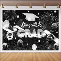 Lofaris Toile de fond pour remise des diplômes noir et argent avec feux d'artifice et ballons, élégant décor de fête pour célébration