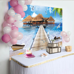 Lofaris Toile de fond de photographie plage tropicale, ponton en bois et mer bleue, magnifique arrière-plan estival pour studio photo