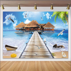 Lofaris Toile de fond de photographie plage tropicale, ponton en bois et mer bleue, magnifique arrière-plan estival pour studio photo