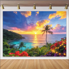 Lofaris Toile de fond de photographie coucher de soleil tropical avec palmier et fleurs, arrière-plan de paysage marin pour studio photo