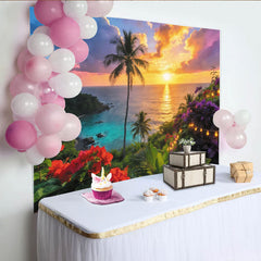 Lofaris Toile de fond de photographie paysage tropical palmiers et plage, magnifique arrière-plan coucher de soleil pour studio