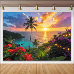 Lofaris Toile de fond de photographie paysage tropical palmiers et plage, magnifique arrière-plan coucher de soleil pour studio
