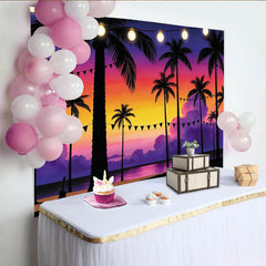 Lofaris Toile de fond photographie coucher de soleil tropical palmiers lumières, décor de plage estivale pour studio photo ou ambiance de fête