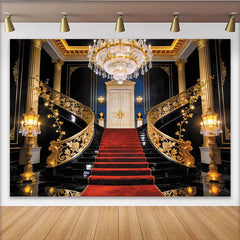 Lofaris Toile de fond de photographie de palais avec escalier doré et tapis rouge, décor luxueux pour studio photo professionnel