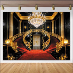 Lofaris Toile de fond de photographie escalier de luxe noir et or, magnifique arrière-plan pour studio photo et événements élégants