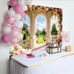 Lofaris Toile de fond de mariage romantique arches fleuries roses, élégant arrière-plan de cérémonie pour séance photo