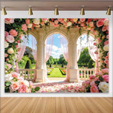Lofaris Toile de fond de mariage romantique arches fleuries roses, élégant arrière-plan de cérémonie pour séance photo