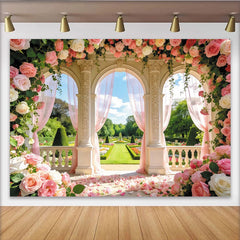 Lofaris Toile de fond de mariage romantique arches fleuries roses, élégant arrière-plan de cérémonie pour séance photo
