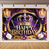 Lofaris Toile de fond joyeux anniversaire royale violet et or avec couronne, magnifique décor de fête avec lustres et étoiles pour studio photo