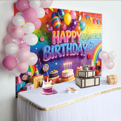 Lofaris Toile de fond joyeux anniversaire arc-en-ciel avec ballons et gâteaux, magnifique décor de fête pour enfants et studio photo