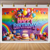 Lofaris Toile de fond joyeux anniversaire arc-en-ciel avec ballons et gâteaux, magnifique décor de fête pour enfants et studio photo