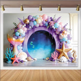 Lofaris Toile de fond pour anniversaire sirène avec ballons et décor sous-marin, magnifique arrière-plan pour fête d'enfants et séance photo