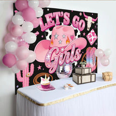 Lofaris Toile de fond rose pailletée pour anniversaire cowgirl Let's Go Girls, magnifique décor de fête western avec chapeau et bottes