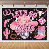 Lofaris Toile de fond rose pailletée pour anniversaire cowgirl Let's Go Girls, magnifique décor de fête western avec chapeau et bottes