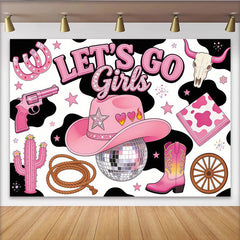 Lofaris Toile de fond rose cowgirl pour anniversaire fille avec chapeau et bottes, décor de fête scintillant avec boule disco et imprimé vache