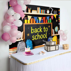 Lofaris Toile de fond tableau noir rentrée scolaire avec fournitures et globes, arrière-plan coloré pour studio photo ou décoration de classe
