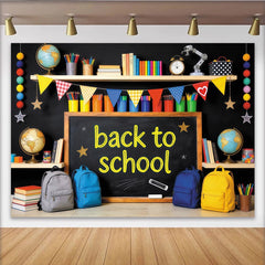 Lofaris Toile de fond tableau noir rentrée scolaire avec fournitures et globes, arrière-plan coloré pour studio photo ou décoration de classe