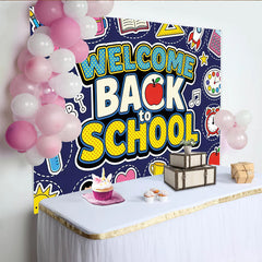 Lofaris Toile de fond pour la rentrée scolaire avec fournitures de dessin animé, arrière-plan bleu foncé pour studio photo et décoration
