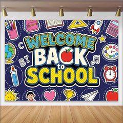 Lofaris Toile de fond pour la rentrée scolaire avec fournitures de dessin animé, arrière-plan bleu foncé pour studio photo et décoration