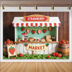 Lofaris Toile de fond de photographie marché aux fraises rustique et frais, superbe arrière-plan de stand en bois avec verdure pour studio